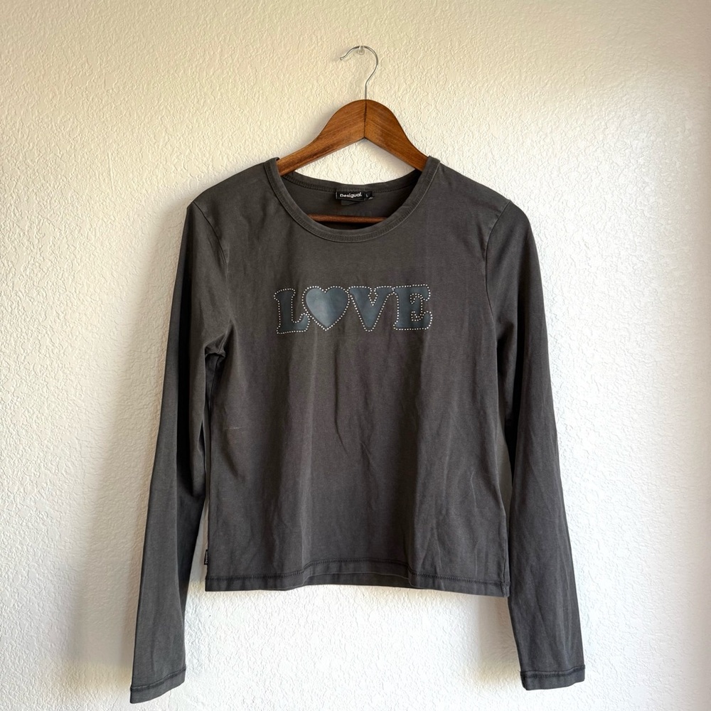 Desigual Womens Shirt Tee Gray Washed Black Love Bling Long Sleeve Size Large